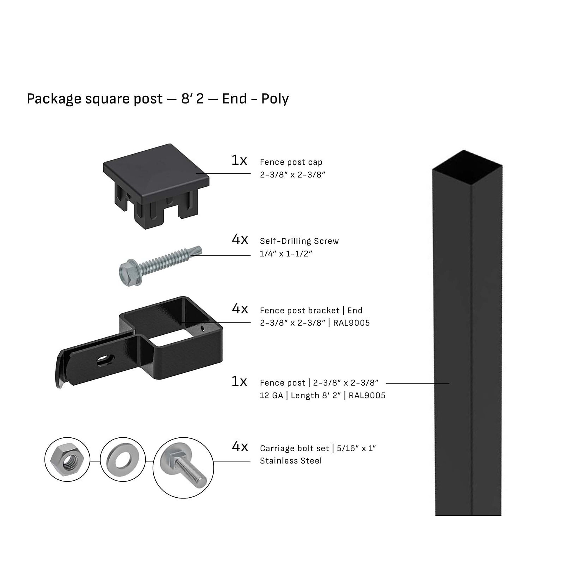 Tarter Square Steel Fence End Post — 2-3/8in. x 8ft. 2in., Poly Cap, Black, Model# 2001001
